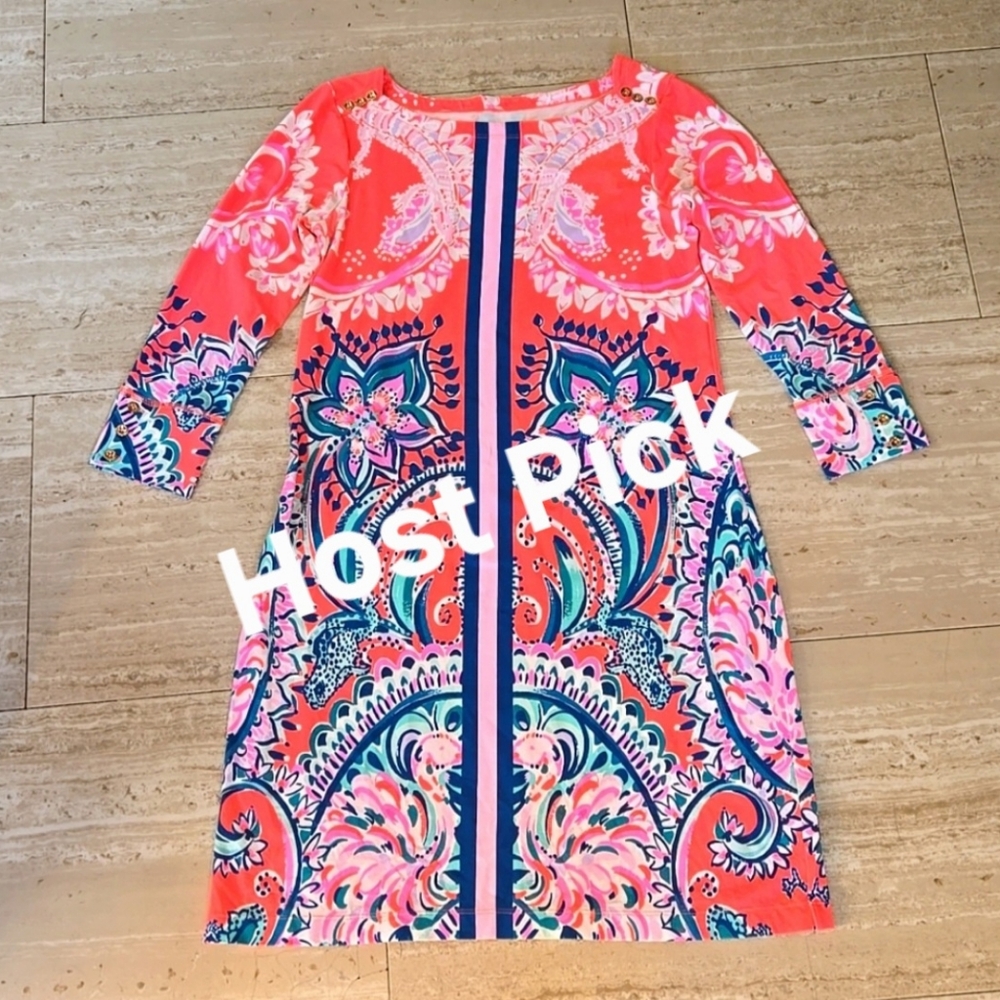 Lilly Pulitzer Multi-Colored Design Print Rayon/Spandex Blend Midi Dress